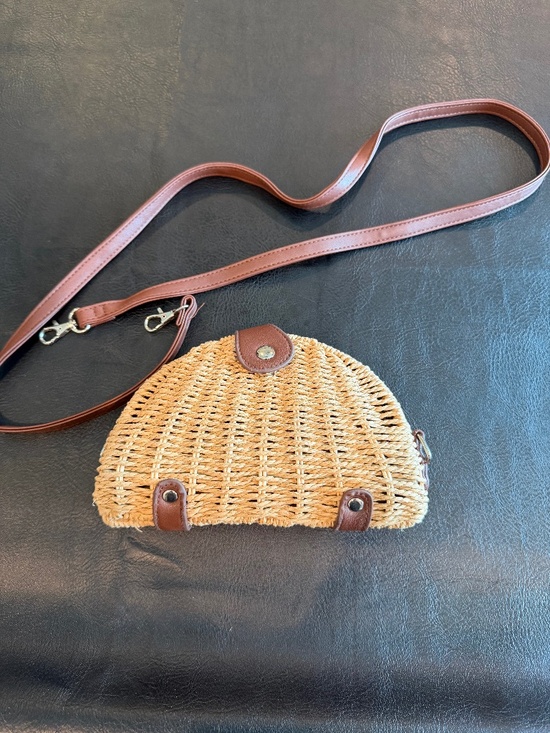 White House Black Market Handbags - White House Black Market Tan Wicker Clutch Purse with Leather Brown Strap